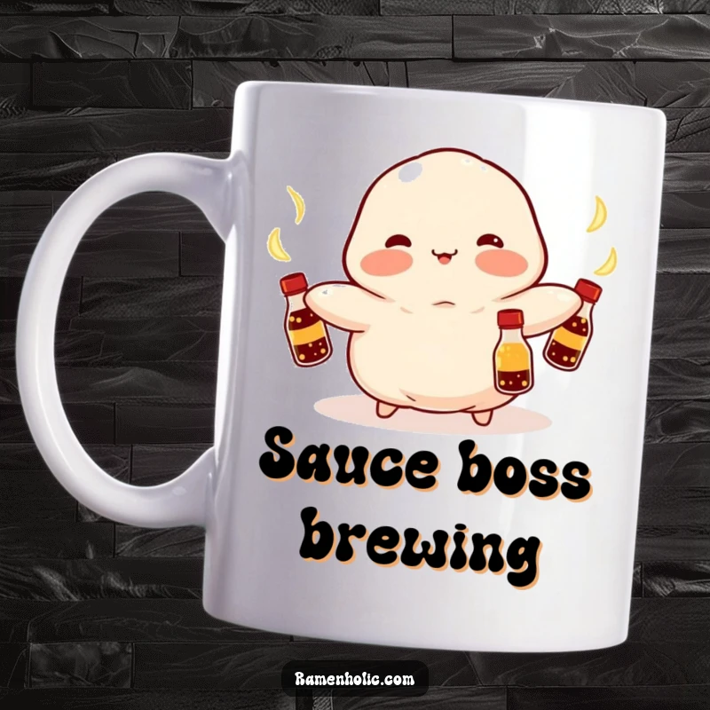 Funny Kawaii dumpling with rosy cheeks, happily juggling glowing soy sauce bottles, vibrant and cheerful, a delightful food character, perfect funny gift.