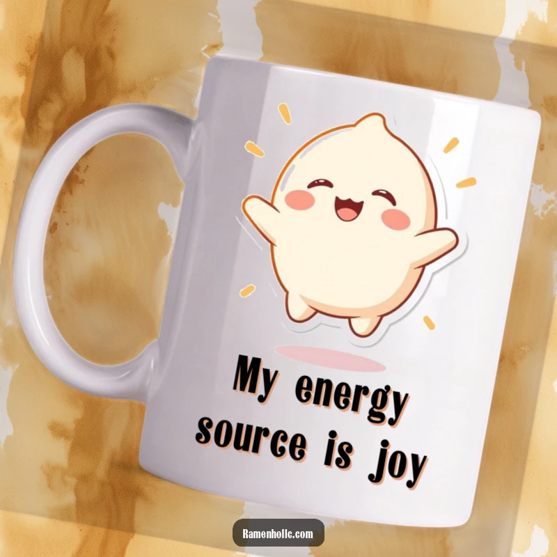 Funny mochi character mug, gleefully bouncing with contagious laughter, radiating pure excitement and sugary delight.