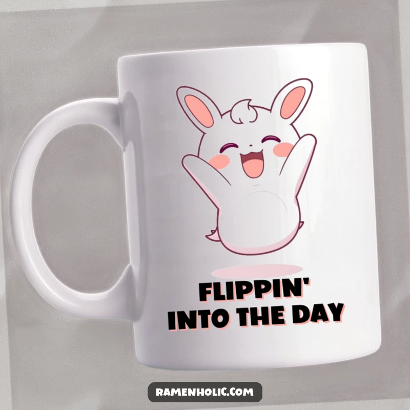 Funny nori mug with a piece of seaweed doing a somersault with glee, bringing energetic fun.