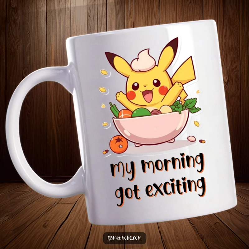 Funny Poke Bowl Mug: An energetic poke bowl character with ingredients joyfully leaping out, representing culinary excitement.