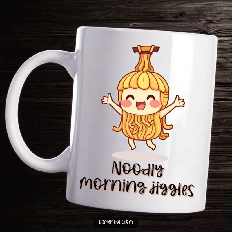 Funny mug featuring a single ramen noodle character joyfully dancing, expressing pure happiness and delight.
