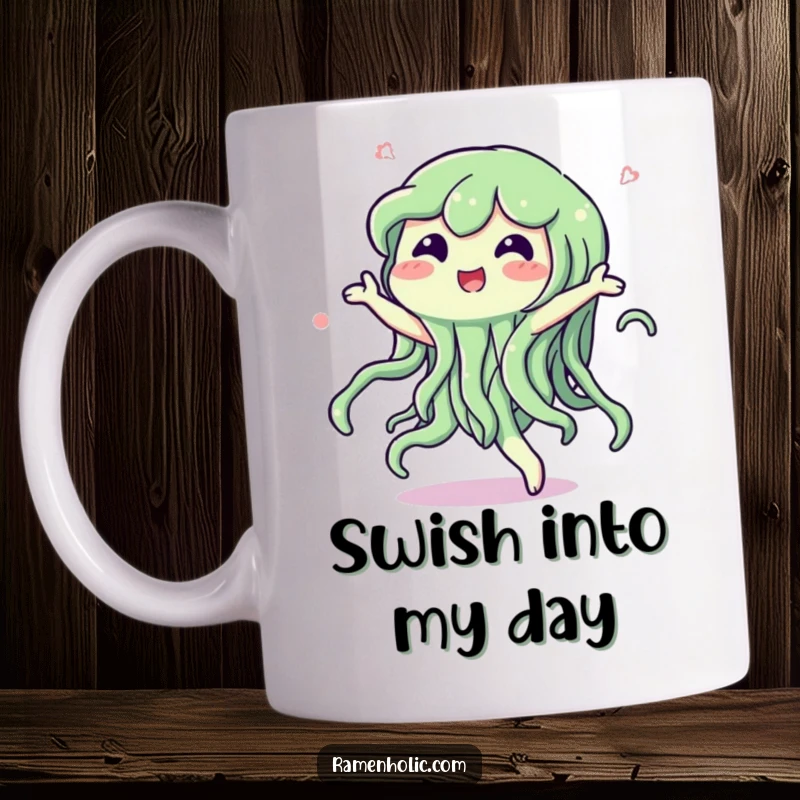 Funny mug featuring a lively seaweed character doing a happy dance with a joyful swish, radiating underwater fun.