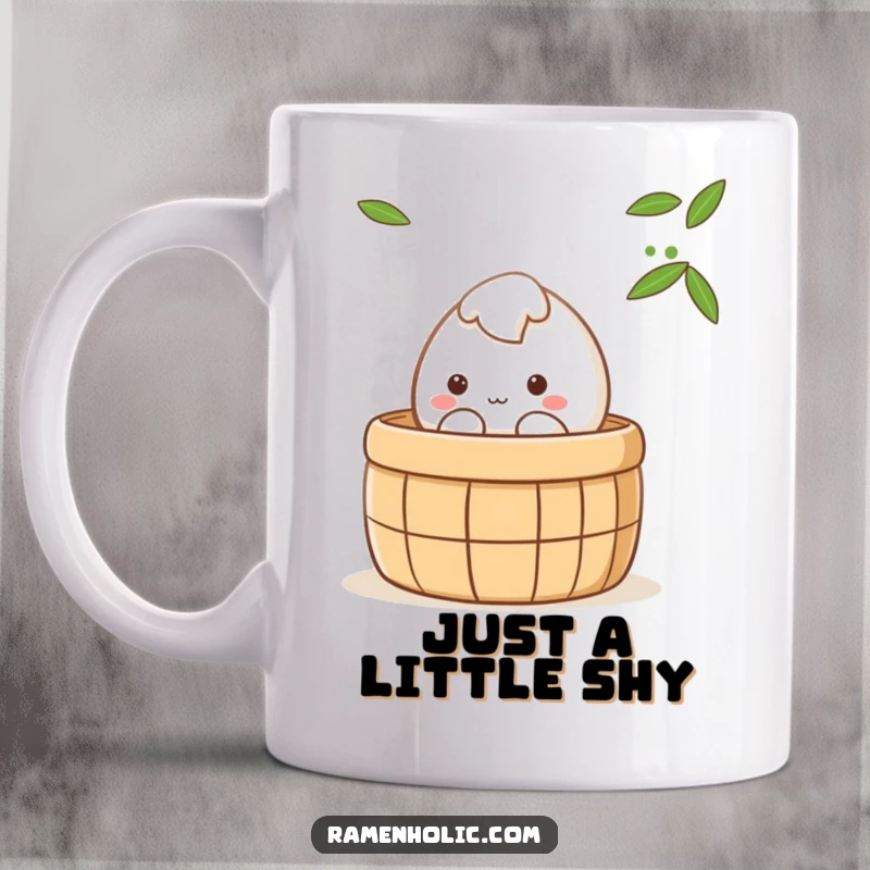 Funny Mochi character shyly peeking from a steaming bamboo steamer, cute kawaii pastry art, perfect gift for foodies.