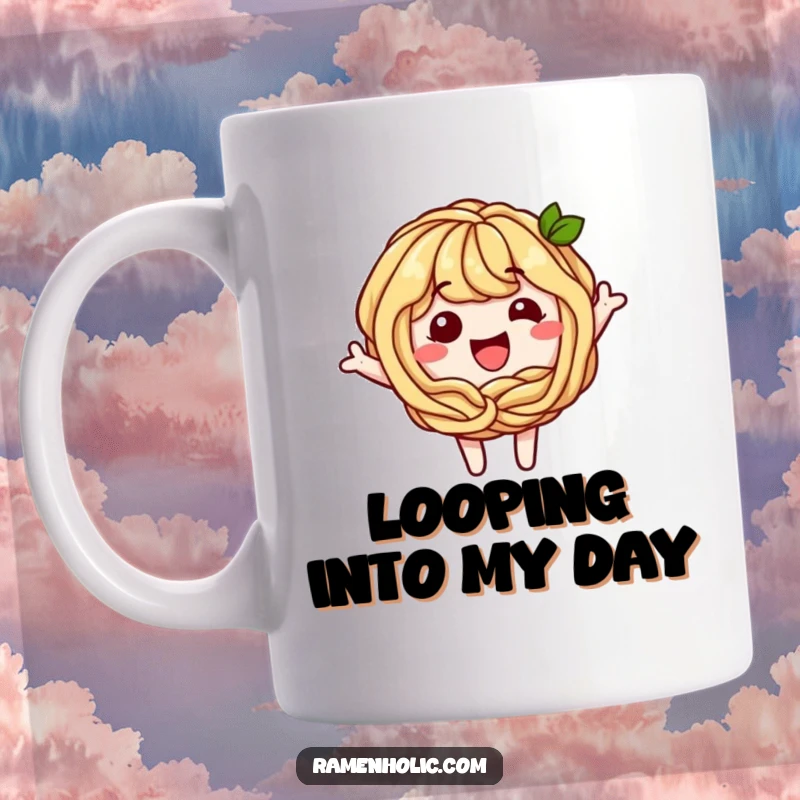 Funny Soba Noodle Mug: A playful soba noodle character artfully forming a happy, looping shape.