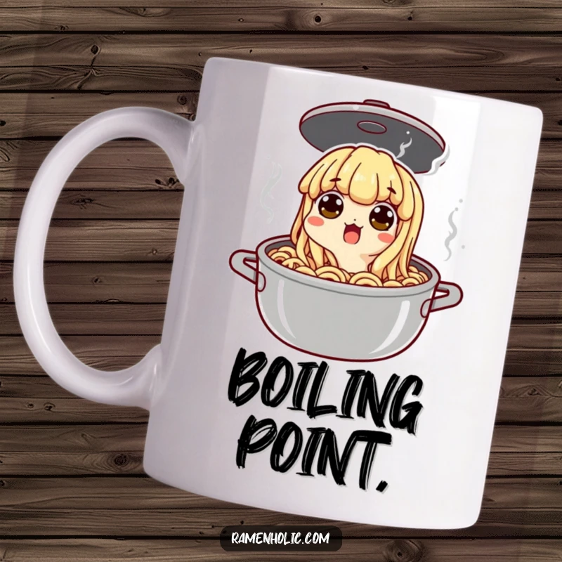 Funny noodle character surprised in a boiling pot, wide eyes showing shock and humor, a delightful mug for soup lovers.