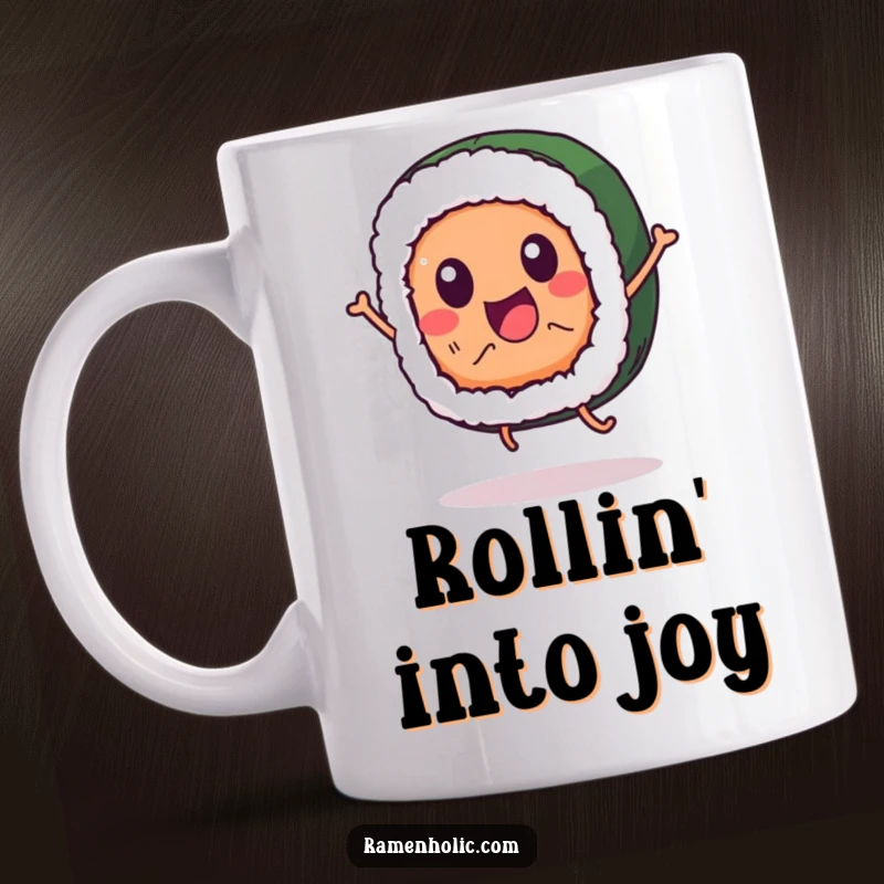 Funny sushi roll character mug, happily jumping with eyes wide, showcasing pure delight and energy.