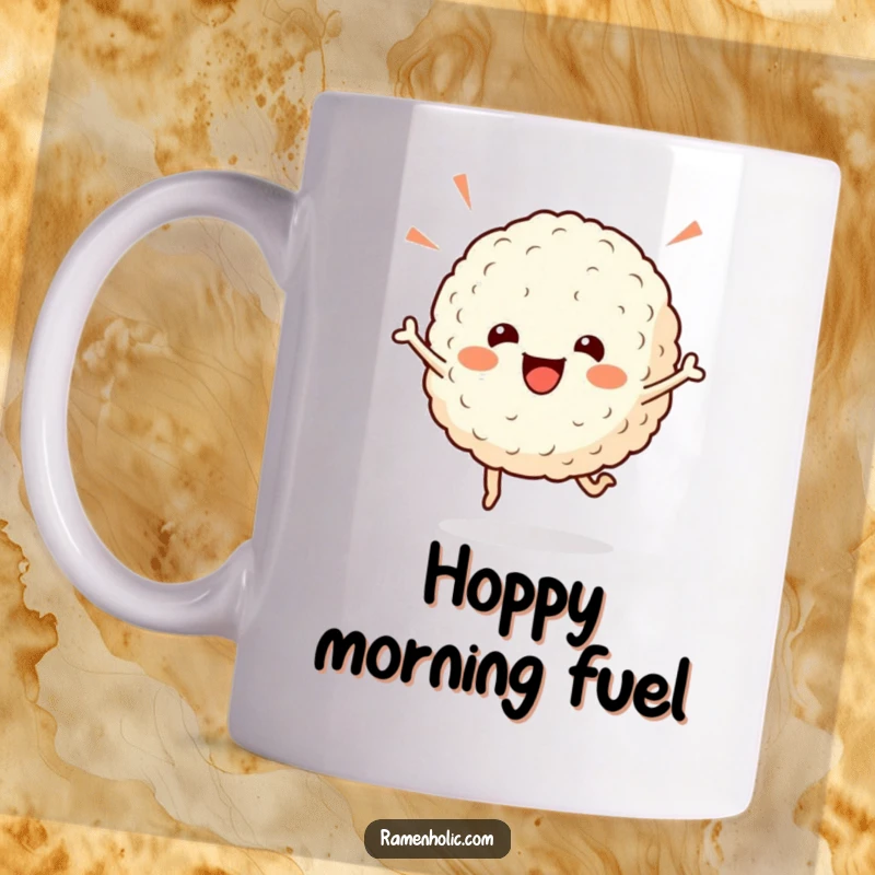 Funny rice ball mug, a cheerful character doing a celebratory hop, spreading joy and deliciousness in every sip.