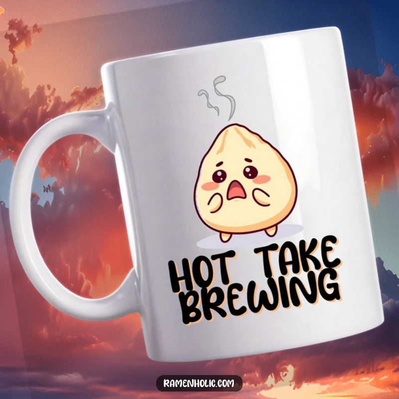 Funny gyoza mug, a surprised character with steam puffing out, looking shocked and delightful, capturing a moment of pure culinary surprise.