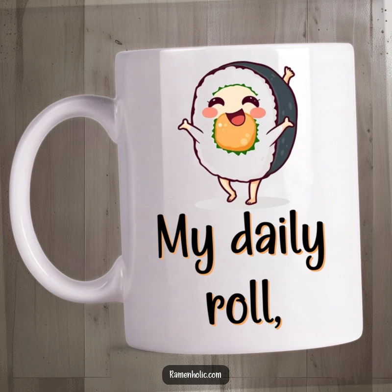 Funny sushi roll character doing a cartwheel with a flip, celebrating the joy of food and movement, perfect for a laugh.