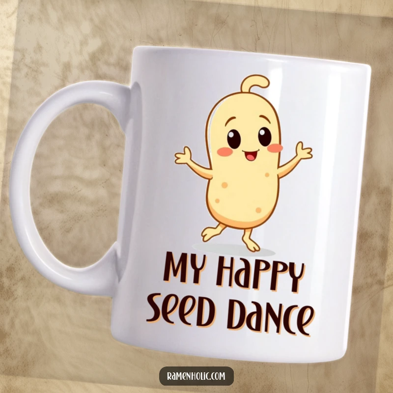 Funny Mug featuring a smiling sesame seed character performing an energetic tiny jig with joy, perfect for adding humor.