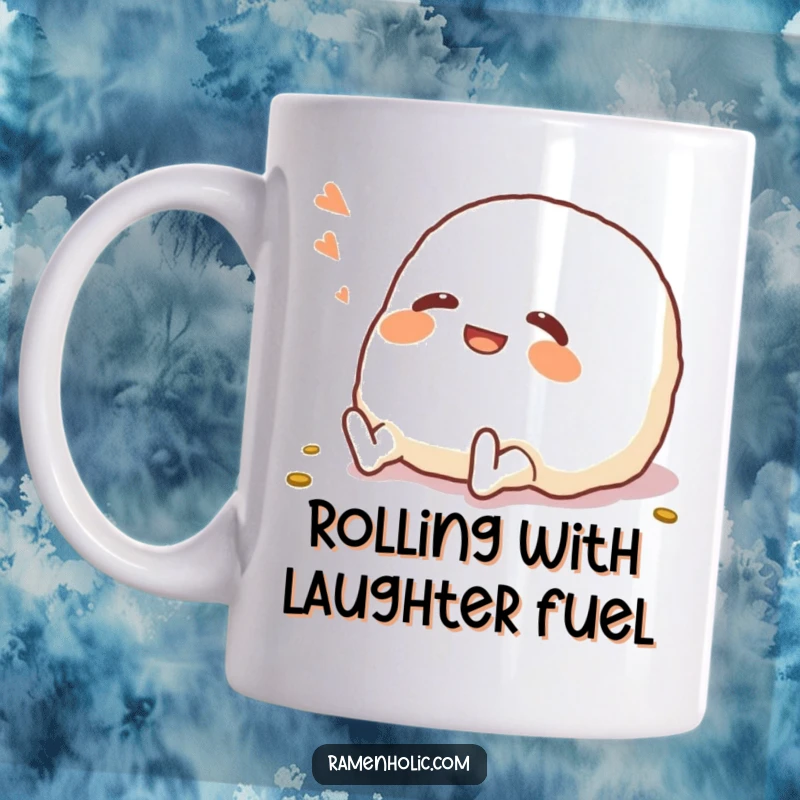 Funny Onigiri Mug: A happy onigiri character comically rolling on the floor, bursting with uncontrollable laughter.