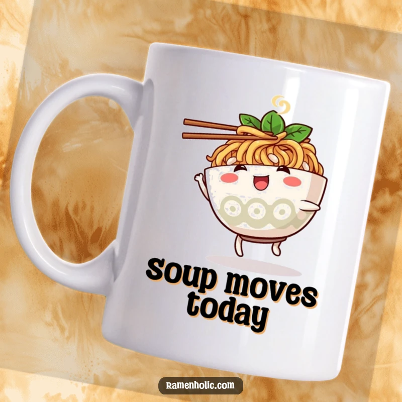 Funny ramen bowl character mug, joyfully dancing with chopsticks, adding a playful and energetic vibe.
