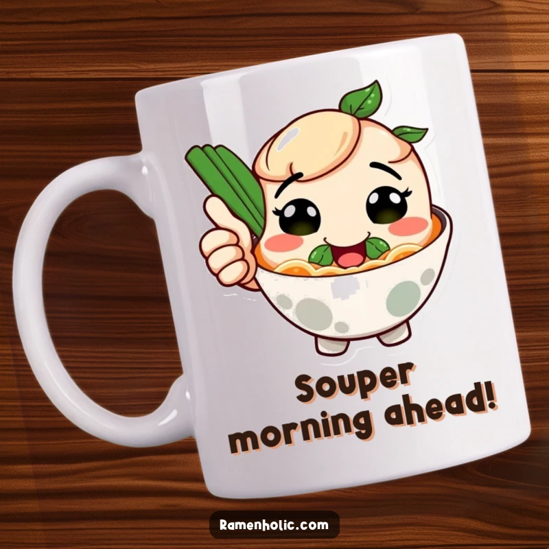 Funny mug featuring a smiling ramen bowl character giving a thumbs up, expressing delicious satisfaction and approval.
