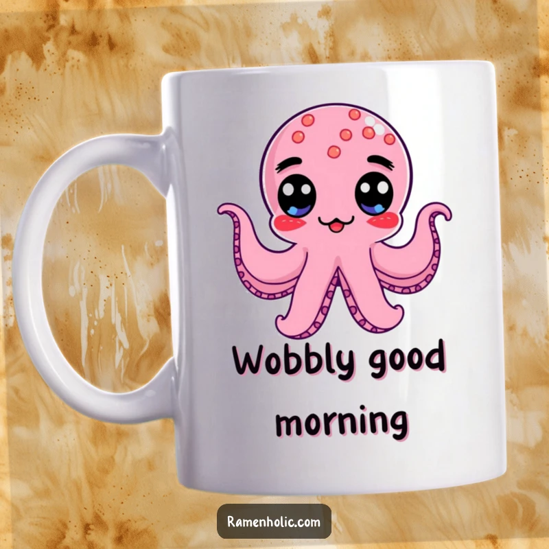 Funny Kawaii Octopus Wiener Mug with googly eyes doing a comical wobble, ideal for a funny gift.