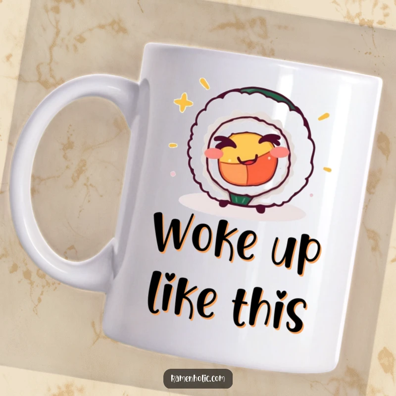 Funny sushi roll mug, winking with a playfully mischievous expression, perfect for adding humor to your kitchen.