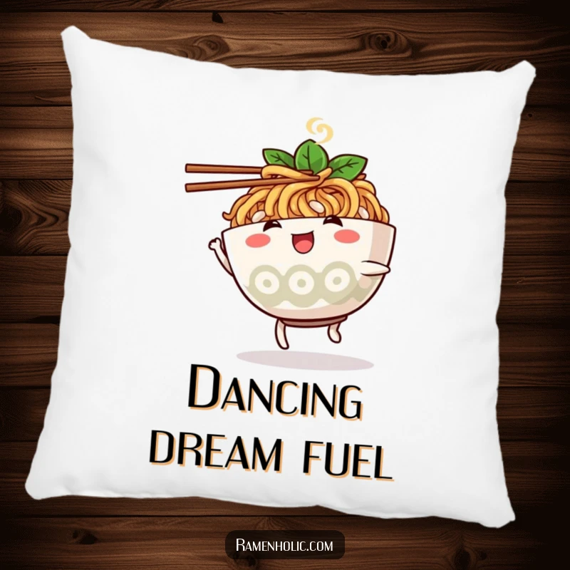 Funny ramen bowl character pillow, dancing with chopsticks, providing soft comfort and a humorous touch.