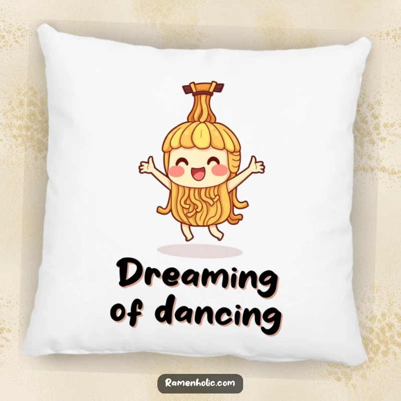 Funny pillow featuring a single ramen noodle character doing a happy dance, adding a humorous and comforting touch to relaxation.