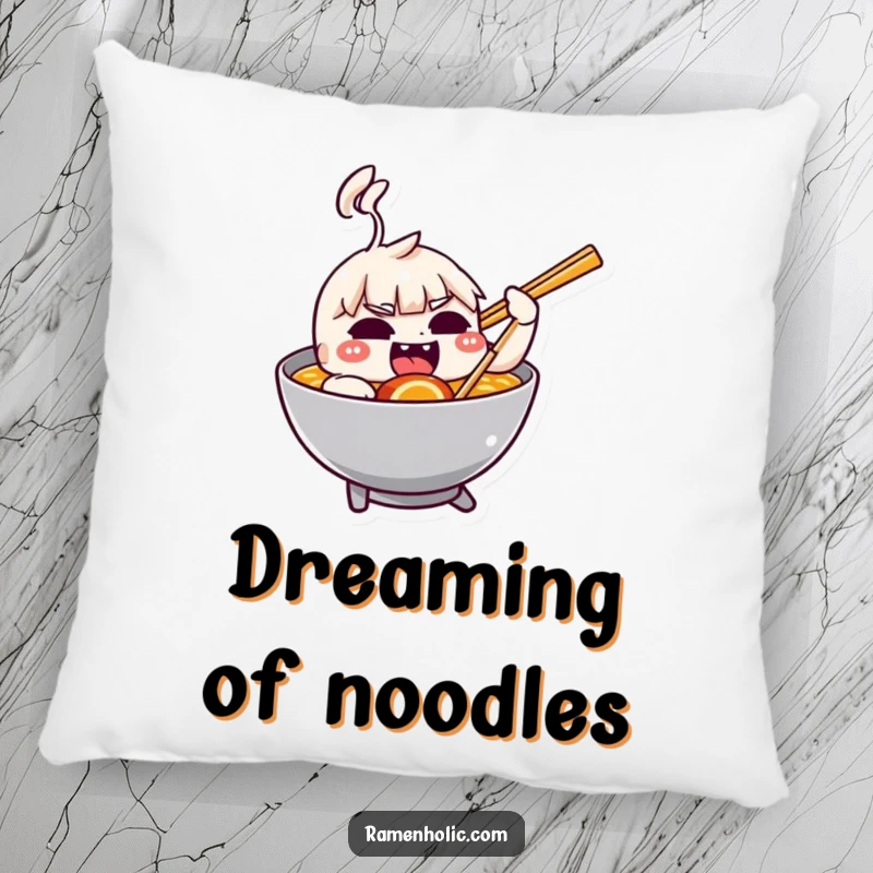 Funny pillow featuring a cute chopstick character playfully nudging a bowl of ramen.
