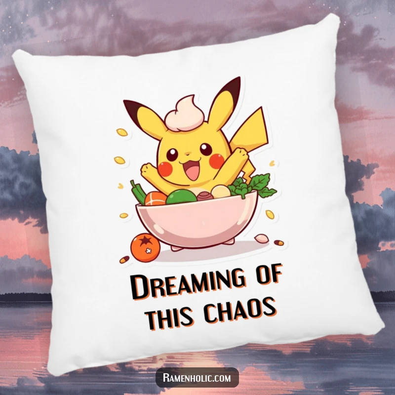 Funny Poke Bowl Pillow: A soft pillow depicting an excited poke bowl character with ingredients jumping, offering comfort and fun.