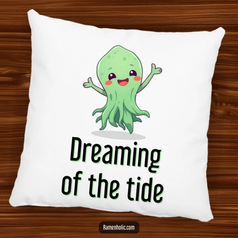 Funny pillow showcasing a happy seaweed character in a playful dance, perfect for adding a touch of oceanic charm.