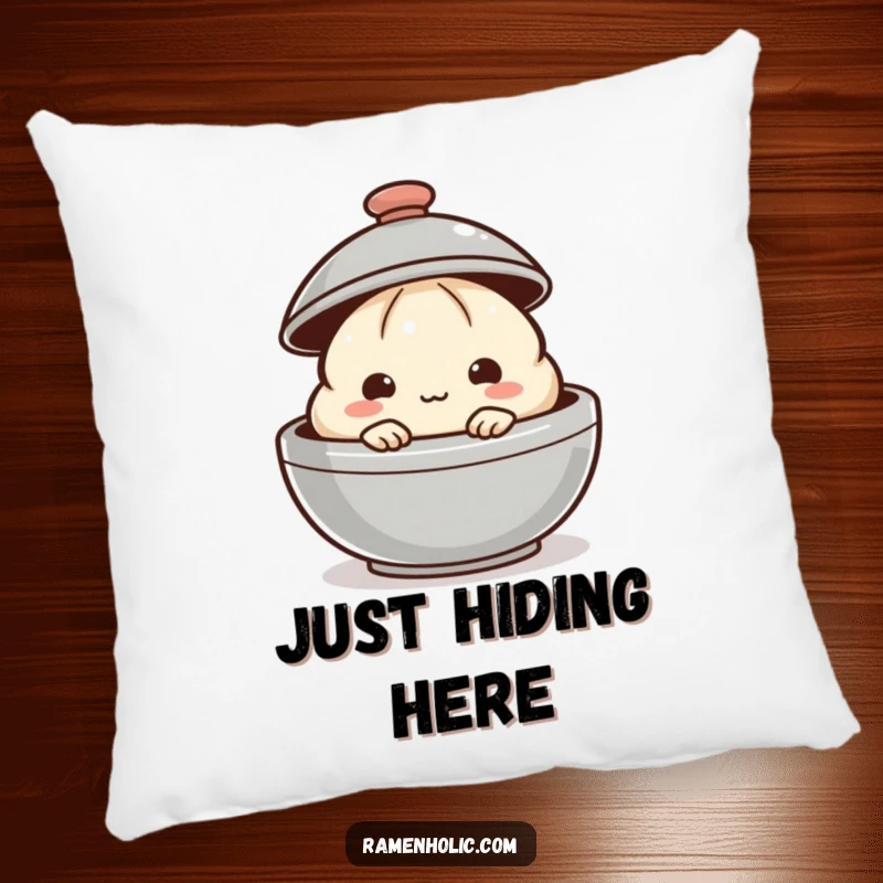 Funny dumpling pillow with a shy dumpling peeking from behind a steaming lid, offering plush comfort.