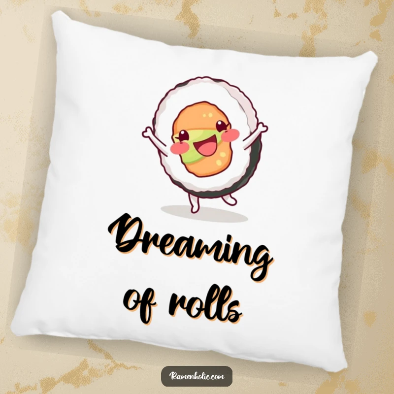 Funny pillow featuring a happy sushi roll character mid-cartwheel, offering a soft, humorous, and energetic accent to any room.