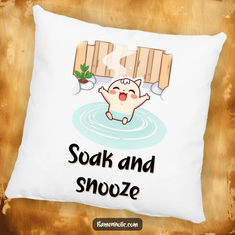 Funny pillow featuring a soft kawaii miso soup character joyfully leaping into a hot spring, perfect for comfort and relaxation.