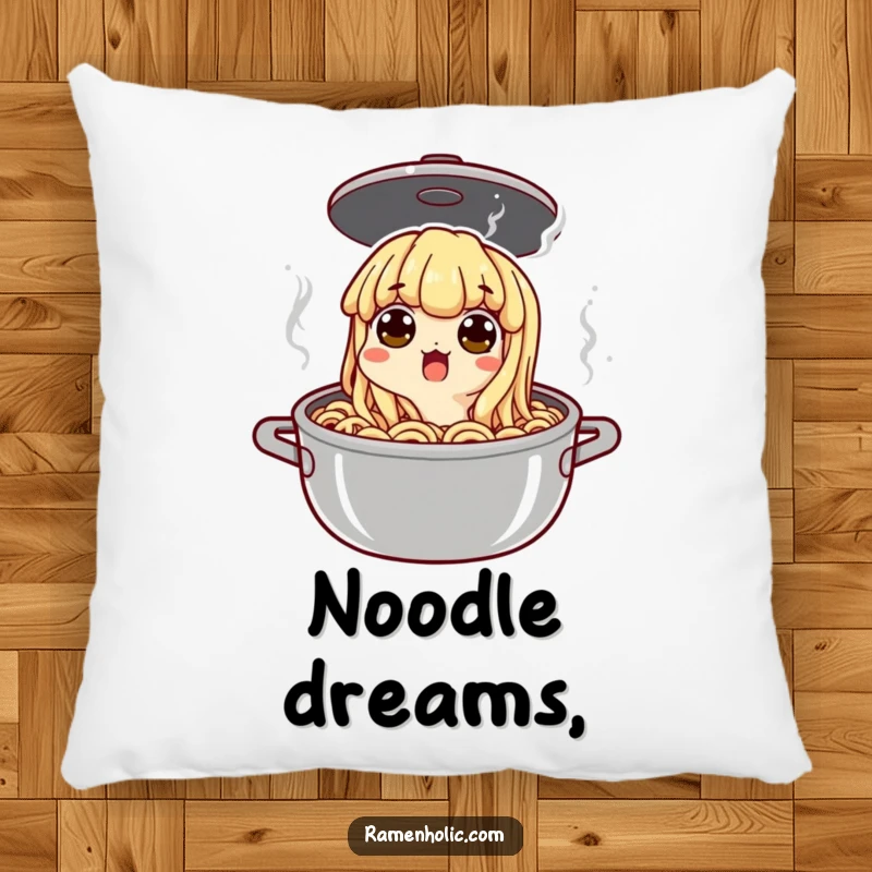 Funny noodle peeking with wide eyes from a boiling pot, a soft and comfortable pillow with a humorous surprise design.