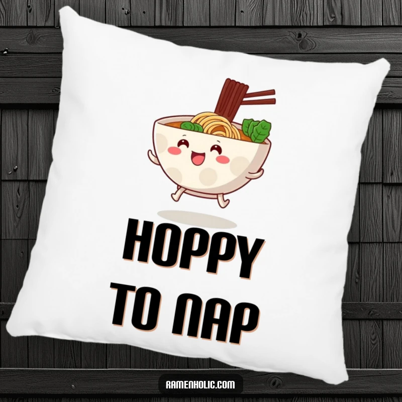 Funny ramen bowl with little stubby legs, hopping forward with excitement, on a soft foodie art pillow.