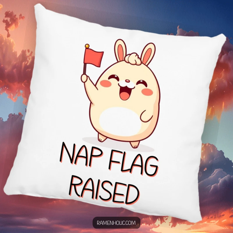 Funny bao bun character pillow, cheerfully waving a tiny flag, providing soft comfort and a humorous touch.
