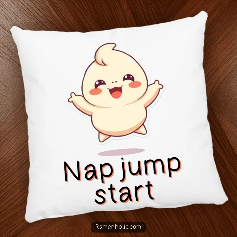 Funny pillow featuring a cheerful dumpling character leaping joyfully, offering a soft, humorous, and comforting accent to any space.