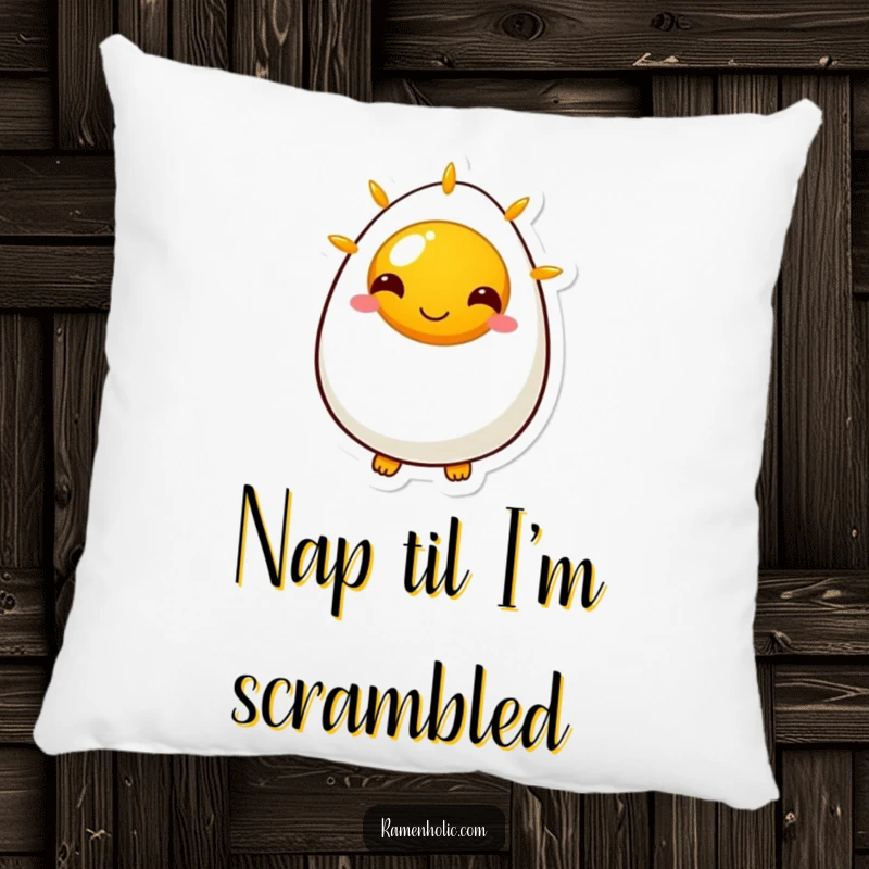 Funny pillow featuring a plush sunny side up egg character with a wide, happy smile, ideal for adding cheer to couches and beds.