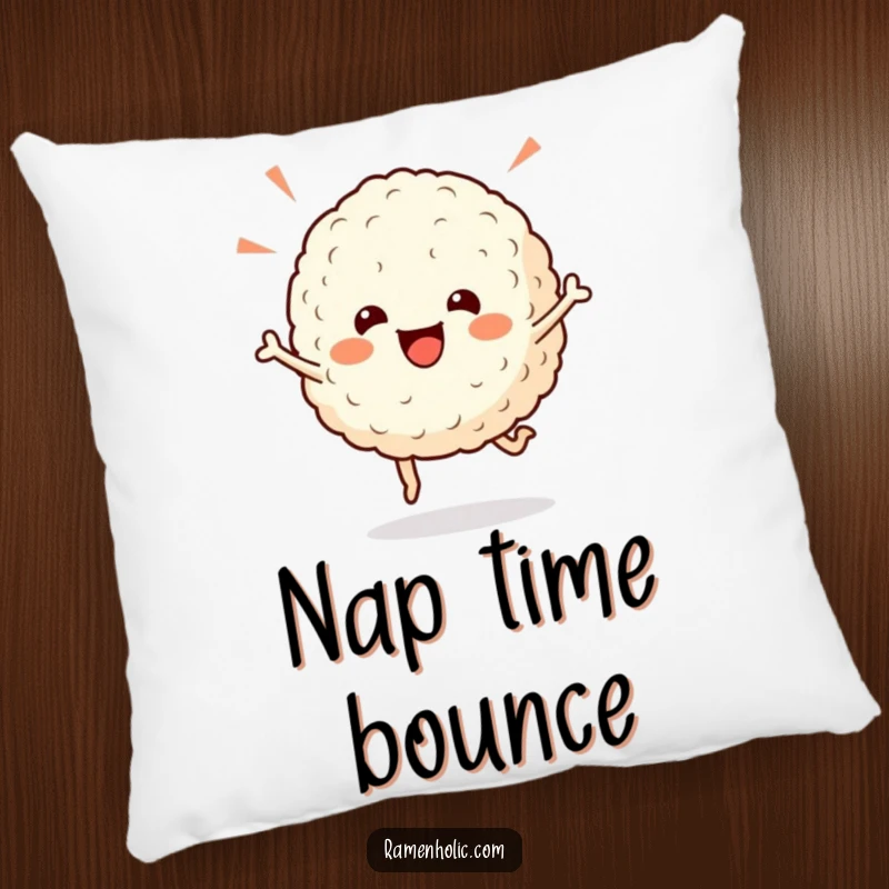 Funny rice ball pillow, a cheerful character doing a celebratory hop, offering comfort and delightful foodie humor.