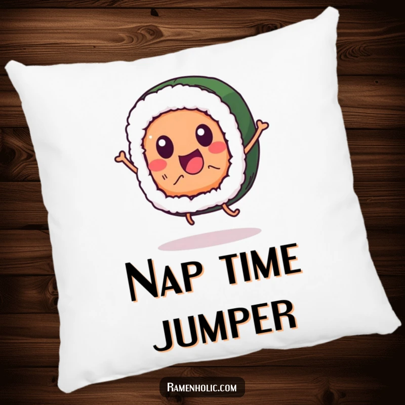Funny sushi roll character pillow, jumping with joy, providing soft comfort and a humorous touch.