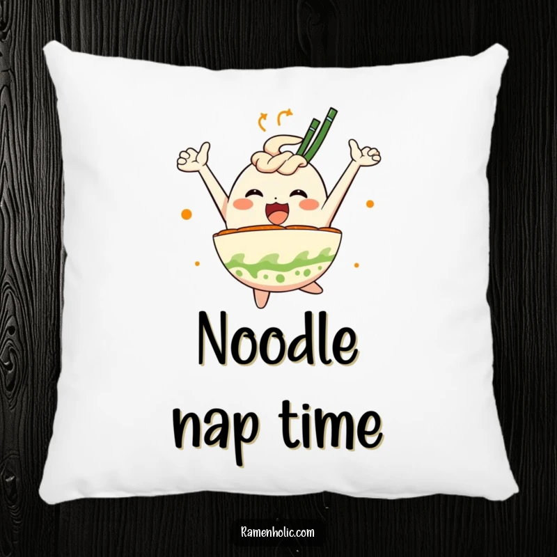 Funny pillow showcasing a happy ramen bowl character mid-leap, radiating joy and comfort, perfect for snuggling up with.