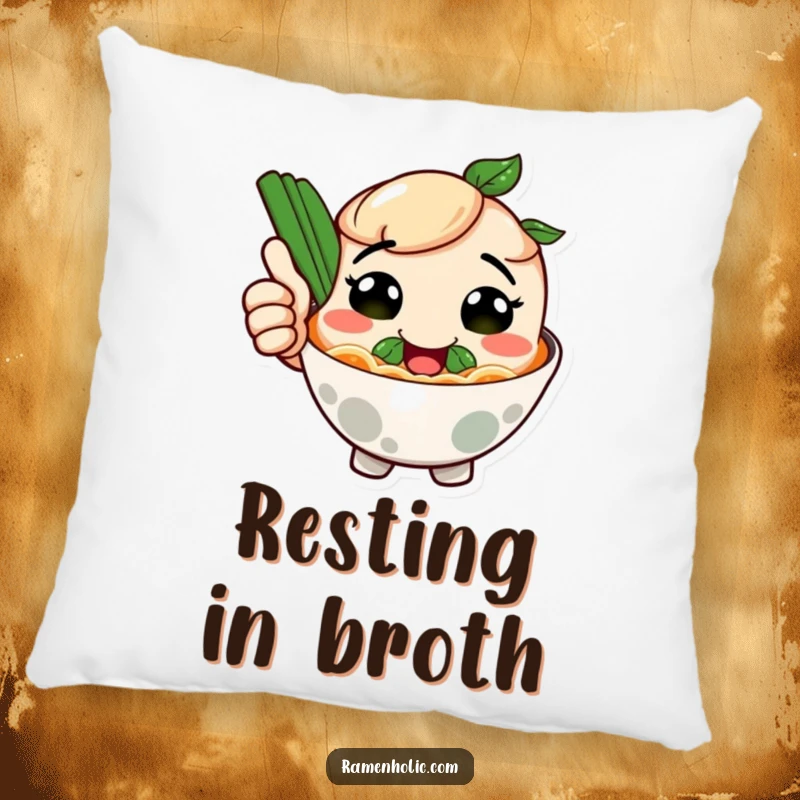 Funny pillow featuring a smiling ramen bowl character giving a thumbs up, adding a humorous and comforting touch to relaxation.