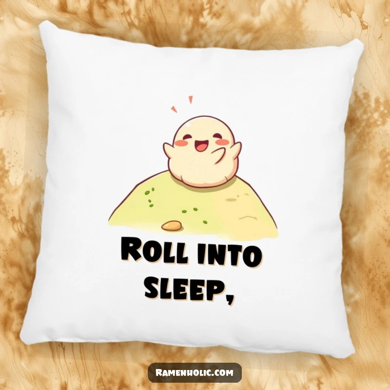 Funny happy dumpling rolling down a hill, a soft and comfortable pillow with a humorous and cheerful design.