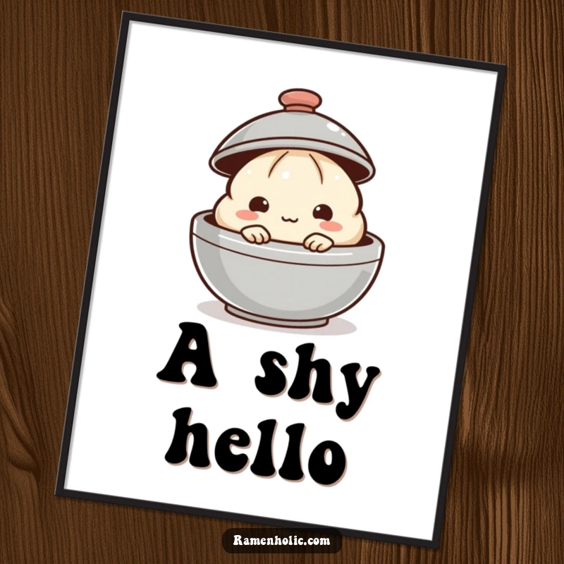 Funny dumpling digital art print with a shy dumpling peeking from behind a steaming lid, downloadable art.