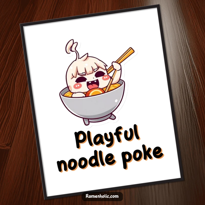 Funny digital art print of a mischievous chopstick playfully nudging a ramen bowl.