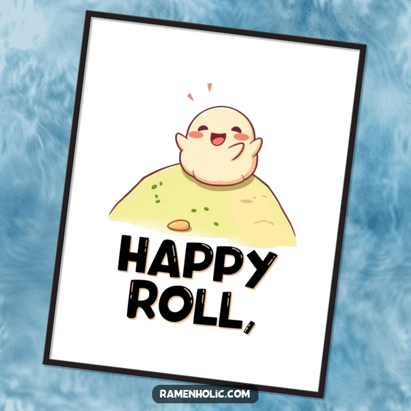 Funny happy dumpling rolling down a hill with glee, high-resolution digital art print for cheerful and humorous home decor.
