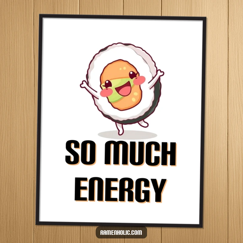 Funny digital art print of a happy sushi roll character cartwheeling with joy, bringing energetic and playful vibes to any space.