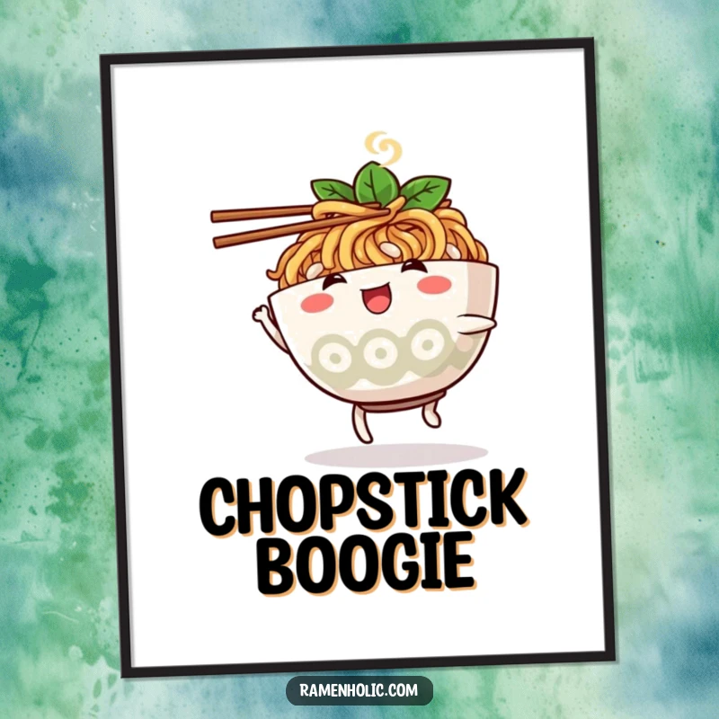 Funny ramen bowl character digital art print, dancing with chopsticks, ready to bring a playful vibe.