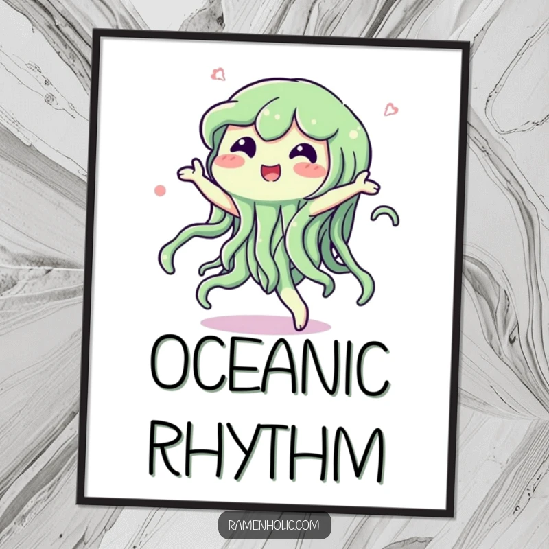 Funny digital art print of a happy seaweed character dancing with a swish, offering a downloadable burst of aquatic fun.
