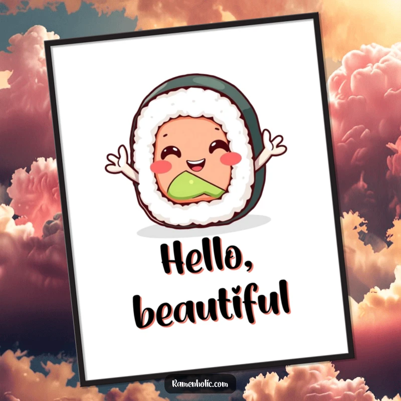 Funny sushi roll digital art print with tiny arms waving enthusiastically, a downloadable piece of joyful decor.