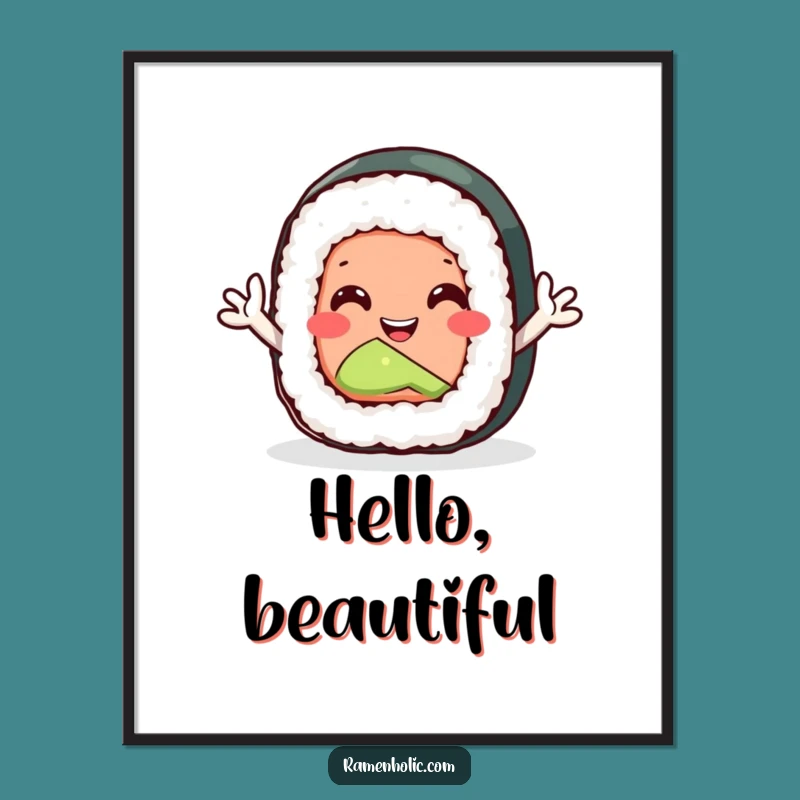 Funny Sushi Roll Digital Art: Waving Cheer for Your Walls, Instant Gift