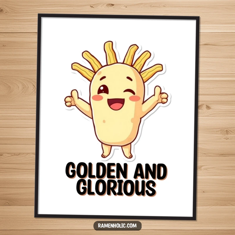 Funny tempura digital art print, a smiling character in a triumphant pose with crispy extensions, celebrating culinary joy.