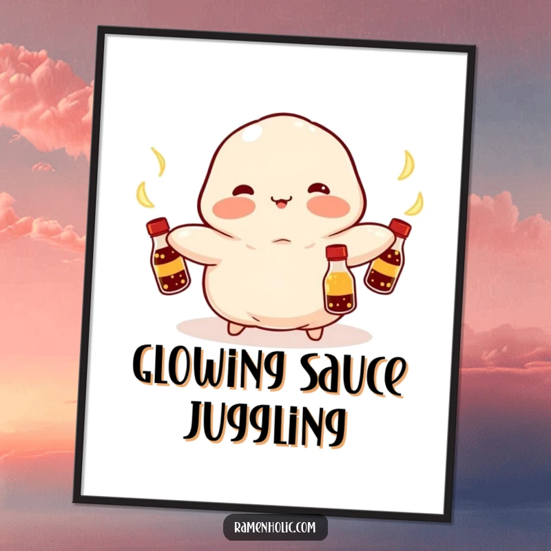 Funny Kawaii dumpling with rosy cheeks, juggling glowing soy sauce bottles, high-resolution art, whimsical food illustration, ideal funny gift.