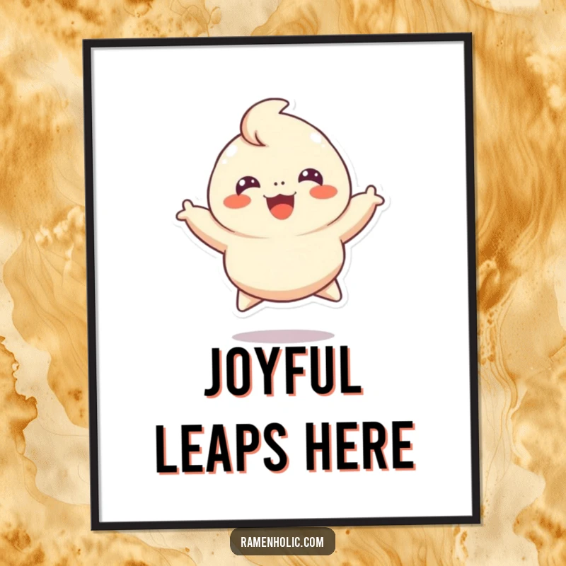 Funny digital art print of a cheerful dumpling character leaping with pure joy, bringing an energetic and happy vibe to any space.