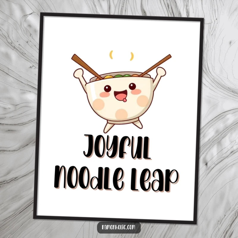 Funny Kawaii ramen bowl with chopsticks as arms, jumping joyfully, high-resolution art, perfect for digital display or printing, ideal funny gift.