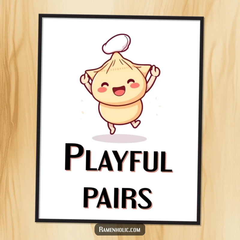 Funny digital art print of playful chopsticks bopping a happy dumpling, symbolizing lighthearted interaction and culinary fun.